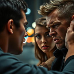 A gripping and dramatic scene set in an urban environment, where an aggressive man is seen confronting a beautiful woman