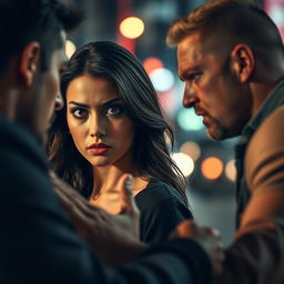 A gripping and dramatic scene set in an urban environment, where an aggressive man is seen confronting a beautiful woman
