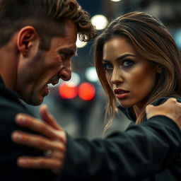 A gripping and dramatic scene set in an urban environment, where an aggressive man is seen confronting a beautiful woman