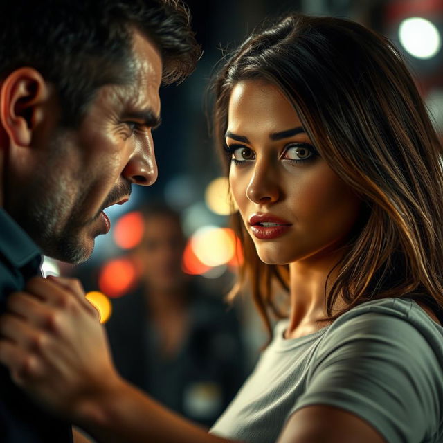 A gripping and dramatic scene set in an urban environment, where an aggressive man is seen confronting a beautiful woman