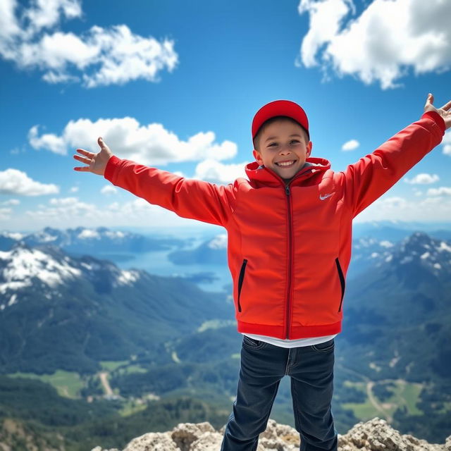 A joyful young boy with a beaming smile standing triumphantly at the top of a majestic mountain