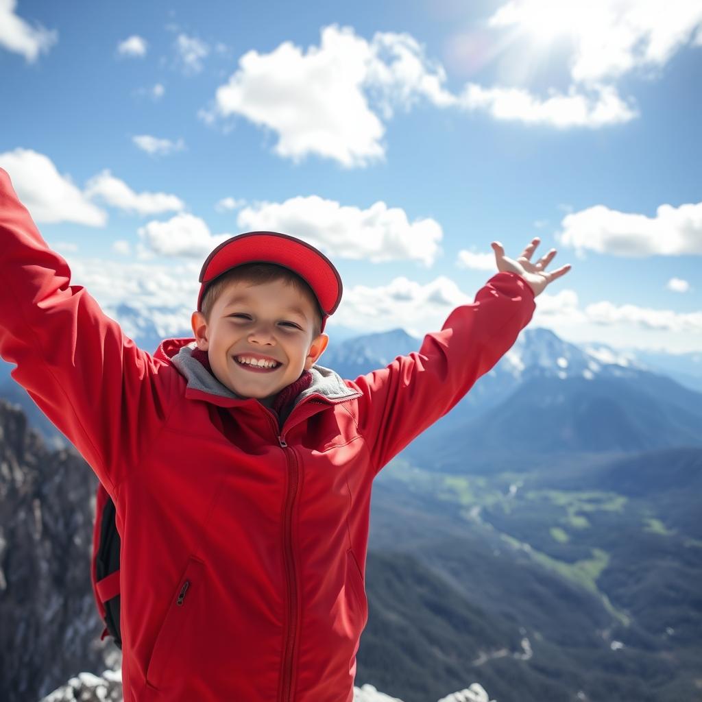 A joyful young boy with a beaming smile standing triumphantly at the top of a majestic mountain