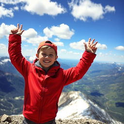 A joyful young boy with a beaming smile standing triumphantly at the top of a majestic mountain
