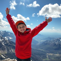 A joyful young boy with a beaming smile standing triumphantly at the top of a majestic mountain
