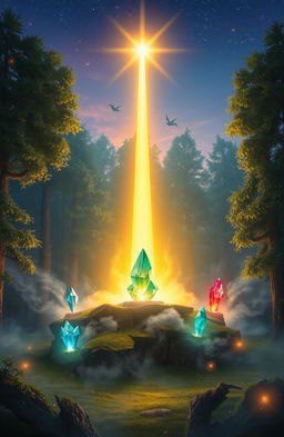 A fantastical scene depicting a majestic beacon of hope, radiating bright golden light