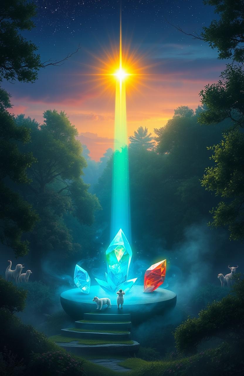 A fantastical scene depicting a majestic beacon of hope, radiating bright golden light