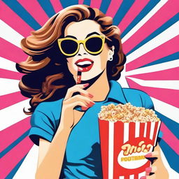 Animated woman in pop art style, wearing sunglasses, eating popcorn, and holding a shopping bag.