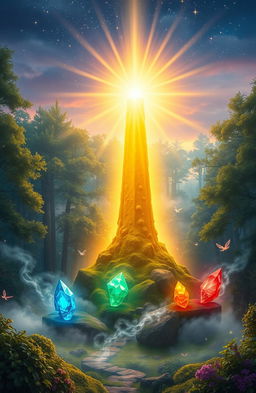 A fantastical scene depicting a majestic beacon of hope, radiating bright golden light