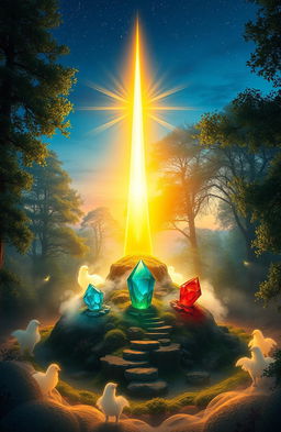 A fantastical scene depicting a majestic beacon of hope, radiating bright golden light