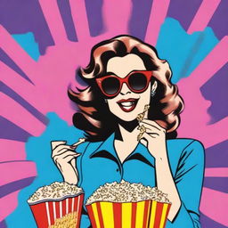 Animated woman in pop art style, wearing sunglasses, eating popcorn, and holding a shopping bag.