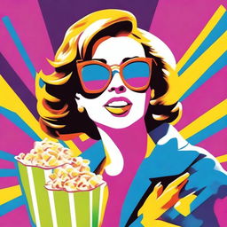 A pop art depiction of an animated woman wearing sunglasses, eating popcorn, and holding a shopping bag in a vibrant, colourful setting