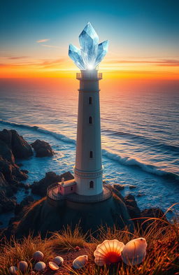 A stunning lighthouse standing tall near a vast ocean, with three radiant floating crystals hovering gracefully above its top