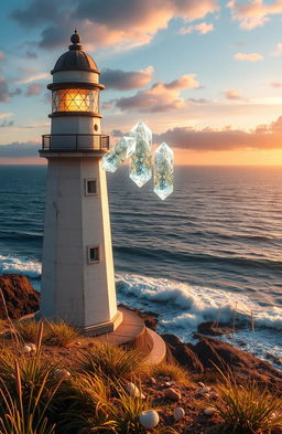 A stunning lighthouse standing tall near a vast ocean, with three radiant floating crystals hovering gracefully above its top