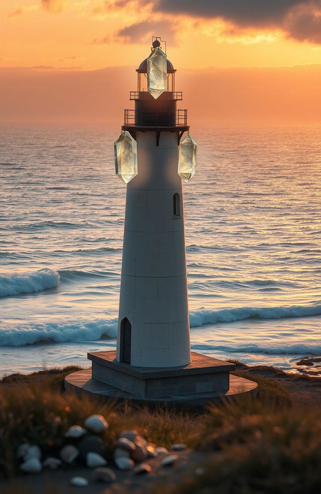 A stunning lighthouse standing tall near a vast ocean, with three radiant floating crystals hovering gracefully above its top