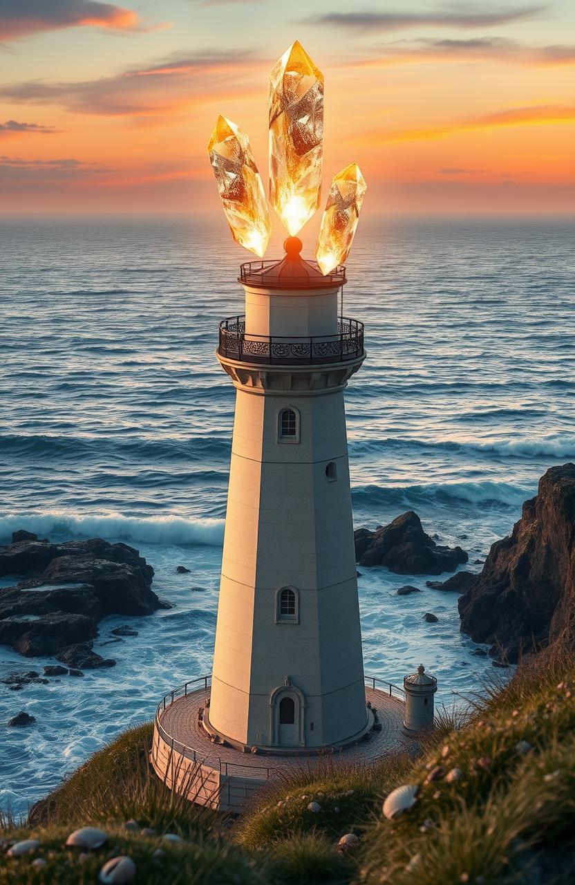 A stunning lighthouse standing tall near a vast ocean, with three radiant floating crystals hovering gracefully above its top