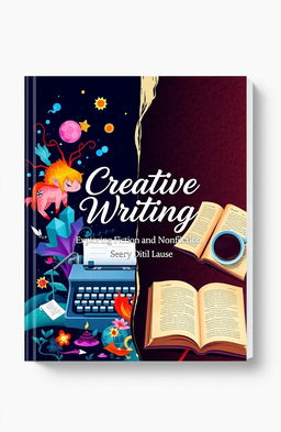 A visually striking book cover design for a creative writing class textbook, featuring a split design that represents both fiction and nonfiction