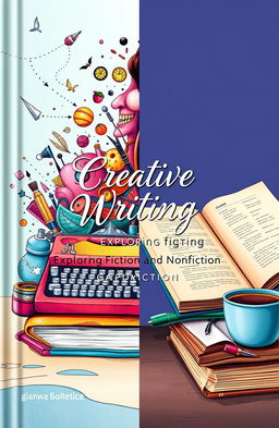 A visually striking book cover design for a creative writing class textbook, featuring a split design that represents both fiction and nonfiction