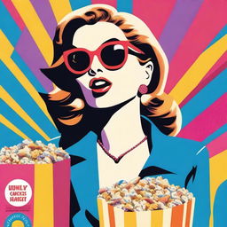 A pop art depiction of an animated woman wearing sunglasses, eating popcorn, and holding a shopping bag in a vibrant, colourful setting