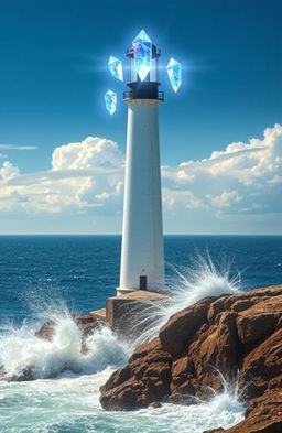A majestic lighthouse standing tall against the backdrop of a vast ocean, with three radiant floating crystals hovering around the top of the lighthouse