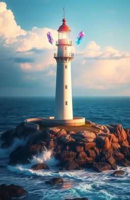 A majestic lighthouse standing tall against the backdrop of a vast ocean, with three radiant floating crystals hovering around the top of the lighthouse