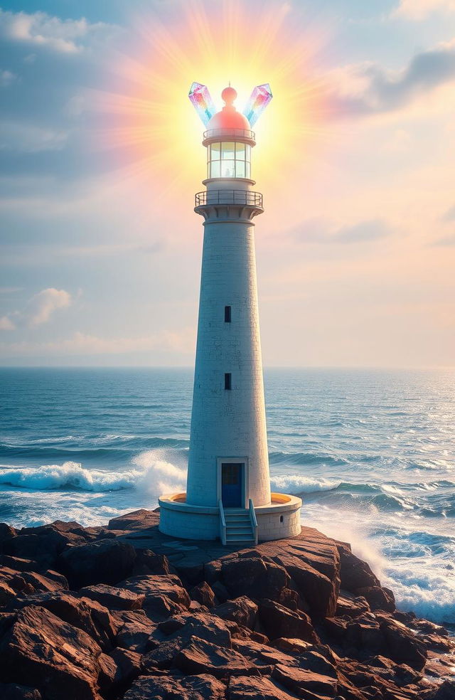 A majestic lighthouse standing tall against the backdrop of a vast ocean, with three radiant floating crystals hovering around the top of the lighthouse