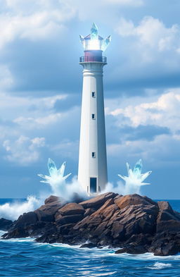 A majestic lighthouse standing tall against the backdrop of a vast ocean, with three radiant floating crystals hovering around the top of the lighthouse