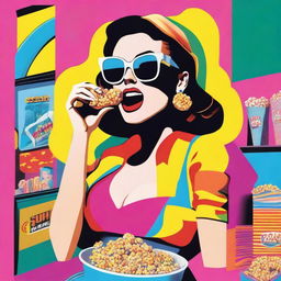 A pop art depiction of an animated woman wearing sunglasses, eating popcorn, and holding a shopping bag in a vibrant, colourful setting