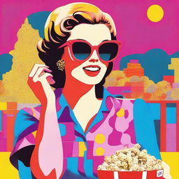 A pop art depiction of an animated woman wearing sunglasses, eating popcorn, and holding a shopping bag in a vibrant, colourful setting