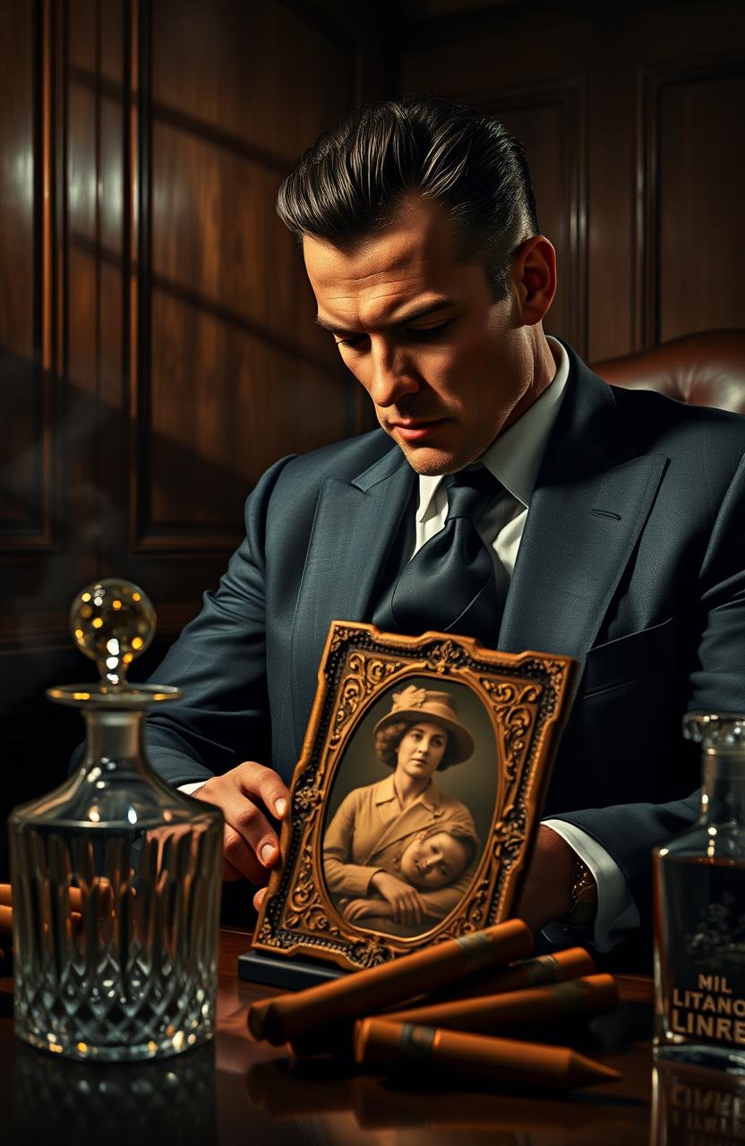 A dark, atmospheric scene depicting a mafia member in an opulent office, surrounded by luxury items like a crystal decanter and expensive cigars