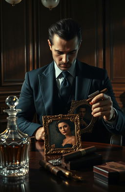 A dark, atmospheric scene depicting a mafia member in an opulent office, surrounded by luxury items like a crystal decanter and expensive cigars