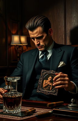 A dark, atmospheric scene depicting a mafia member in an opulent office, surrounded by luxury items like a crystal decanter and expensive cigars