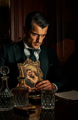 A dark, atmospheric scene depicting a mafia member in an opulent office, surrounded by luxury items like a crystal decanter and expensive cigars