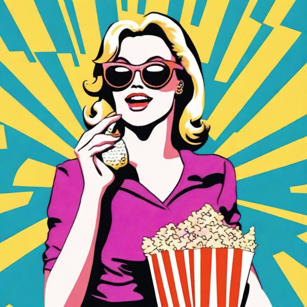 A pop art representation of an animated woman wearing sunglasses, eating popcorn, and holding a shopping bag in a lively, dynamic scene