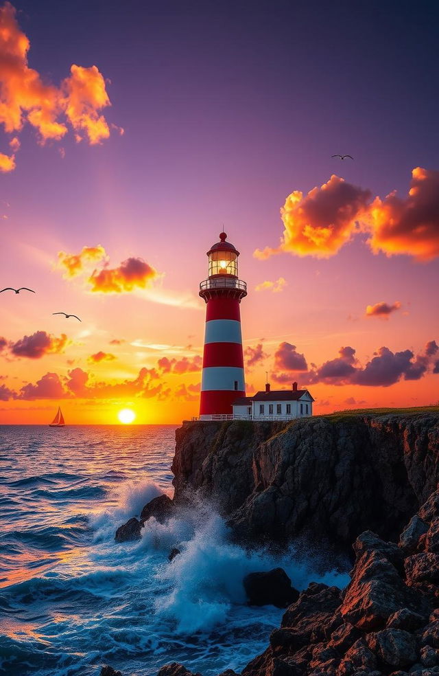 A stunning, colorful seaside lighthouse standing tall on a rocky cliff, surrounded by vibrant ocean waves crashing against the rocks