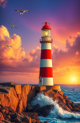 A stunning, colorful seaside lighthouse standing tall on a rocky cliff, surrounded by vibrant ocean waves crashing against the rocks