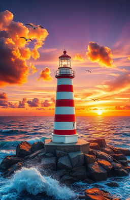 A stunning, colorful seaside lighthouse standing tall on a rocky cliff, surrounded by vibrant ocean waves crashing against the rocks