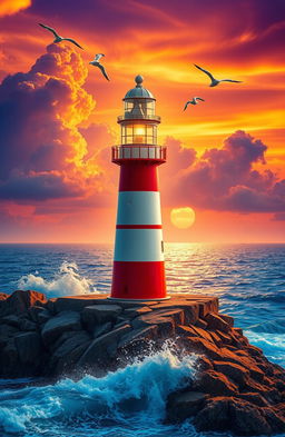 A stunning, colorful seaside lighthouse standing tall on a rocky cliff, surrounded by vibrant ocean waves crashing against the rocks