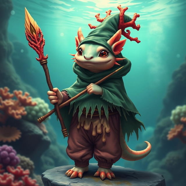 An axolotl wizard showcasing a unique and whimsical appearance, holding a beautifully crafted coral spear with intricate details