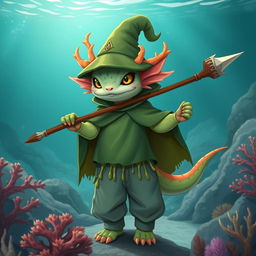 An axolotl wizard showcasing a unique and whimsical appearance, holding a beautifully crafted coral spear with intricate details