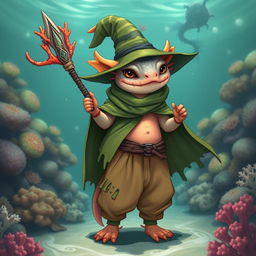 An axolotl wizard showcasing a unique and whimsical appearance, holding a beautifully crafted coral spear with intricate details