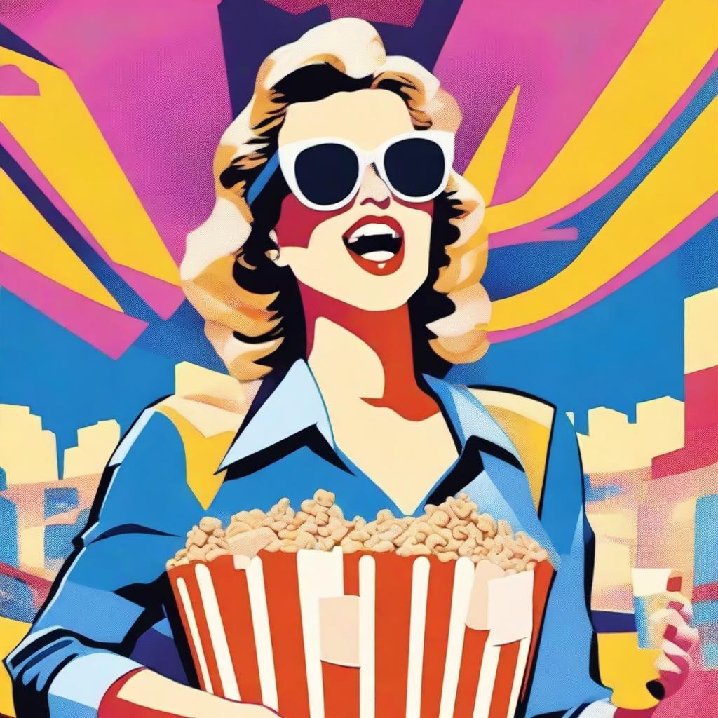 A pop art representation of an animated woman wearing sunglasses, eating popcorn, and holding a shopping bag in a lively, dynamic scene