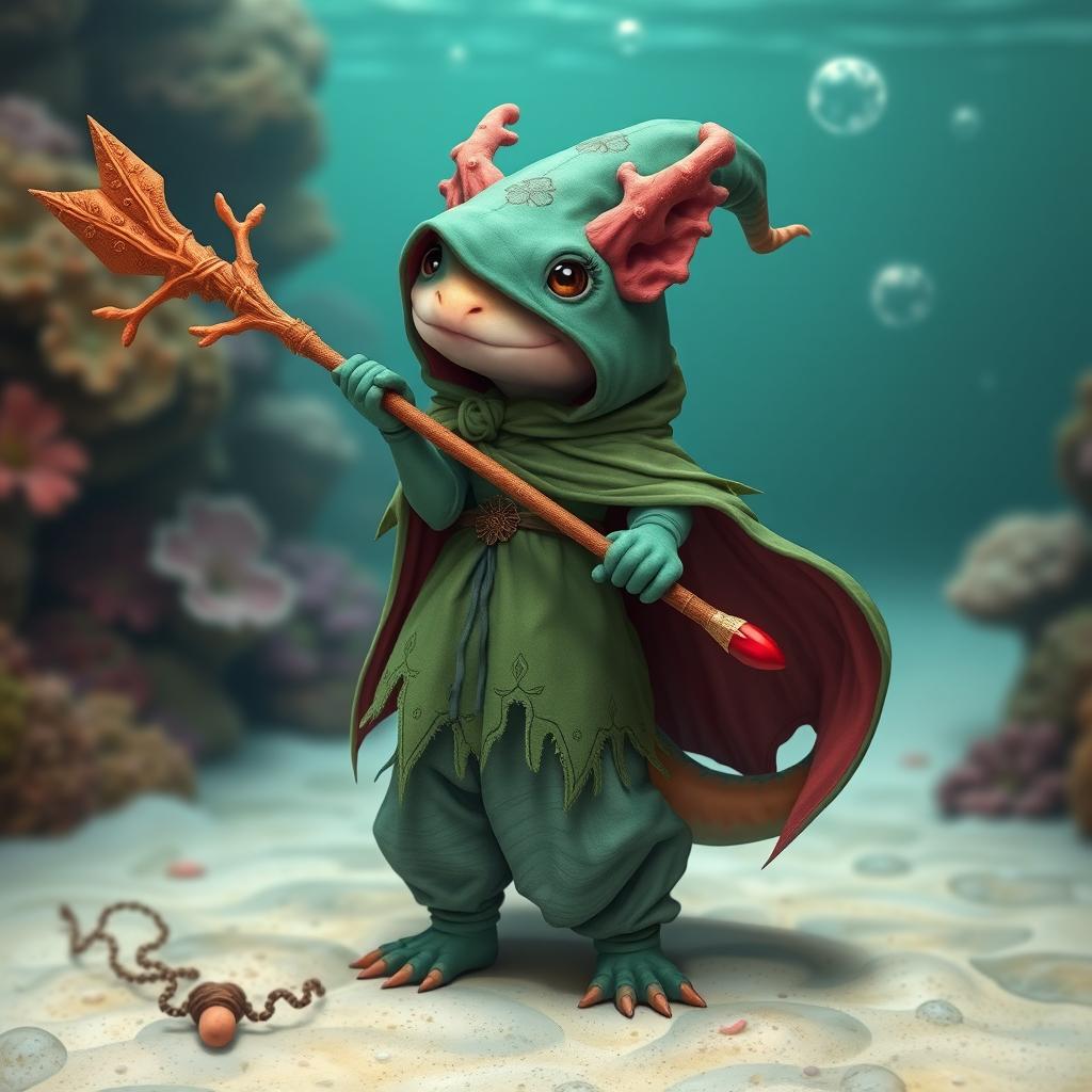 An axolotl wizard showcasing a unique and whimsical appearance, holding a beautifully crafted coral spear with intricate details