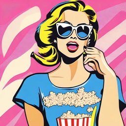 A pop art representation of an animated woman wearing sunglasses, eating popcorn, and holding a shopping bag in a lively, dynamic scene