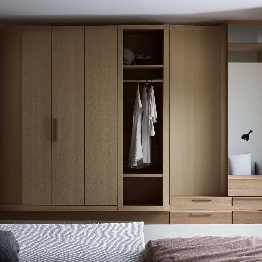 An elegant TV cabinet wall unit design, blending seamlessly into a bedroom setting, featuring an adjacent clothing cabinet.