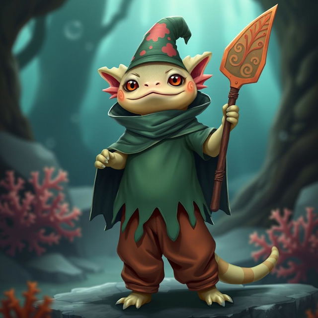 An axolotl wizard displaying a creative and whimsical appearance, proudly holding a coral spear adorned with intricate designs