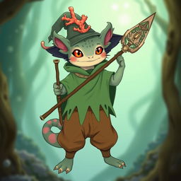 An axolotl wizard displaying a creative and whimsical appearance, proudly holding a coral spear adorned with intricate designs