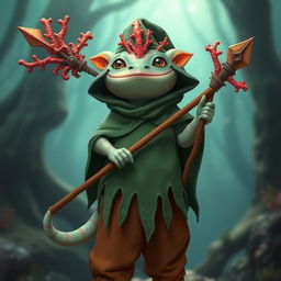 An axolotl wizard displaying a creative and whimsical appearance, proudly holding a coral spear adorned with intricate designs