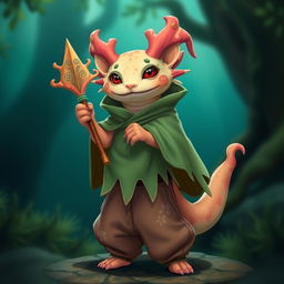 An axolotl wizard displaying a creative and whimsical appearance, proudly holding a coral spear adorned with intricate designs