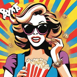 A pop art representation of an animated woman wearing sunglasses, eating popcorn, and holding a shopping bag in a lively, dynamic scene