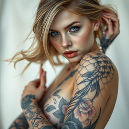 A hyper-realistic depiction of a stunning young Slavic woman, aged 18-21, with striking bright blue eyes and flowing light brown hair adorned with blonde highlights